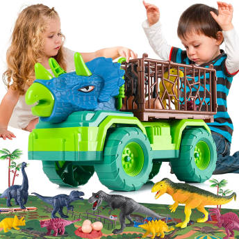 Set aus Dino Transport Truck und acht Dinosaurierfiguren - 61 originelle Dino Geschenke für kleine und große Dinosaurier Fans