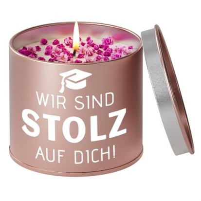 Duftkerze in Metalldose mit Aufschrift Wir sind stolz auf  - 