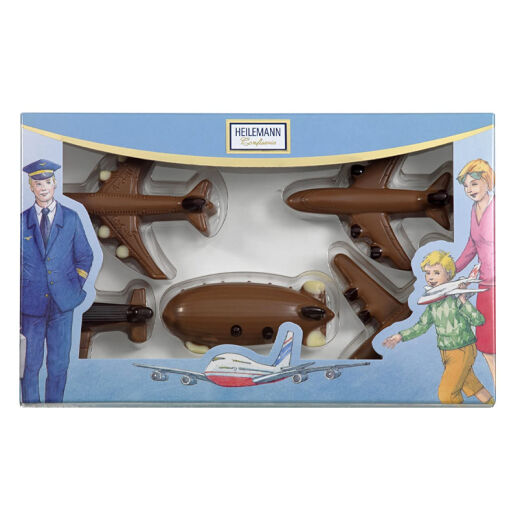 5 Flugzeuge aus Schokolade in nostalgischer Geschenkverpackung