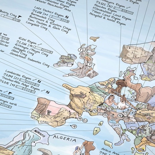 Beschreib- und abwischbare Weltkarte mit Klettergebieten