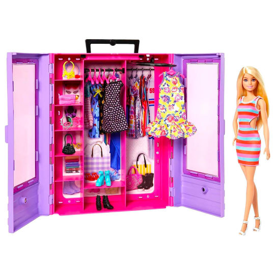 Barbie-Puppe mit tragbarem Kleiderschrank und zahlreichen Accessoires
